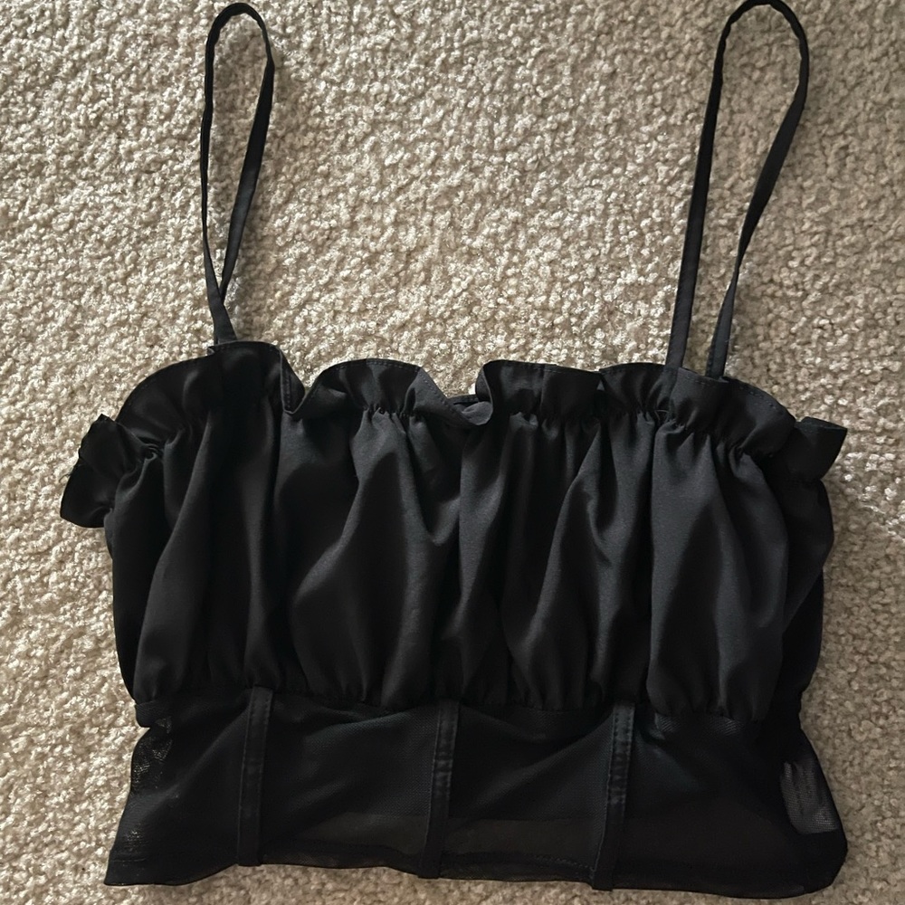 Women Black Ruffled Crop Top Tank Top